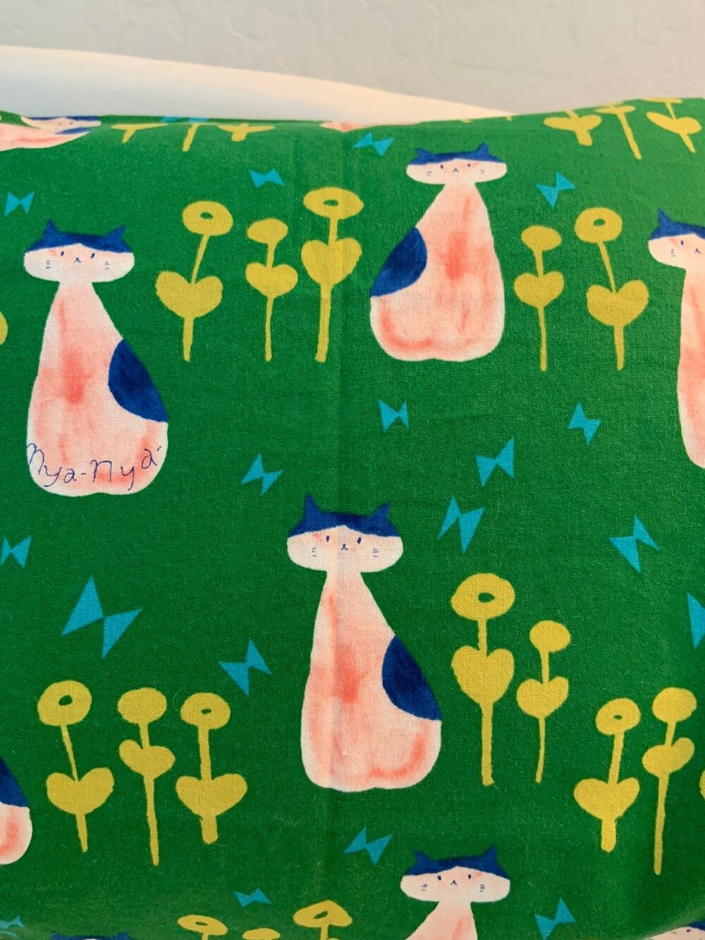 Handmade Kitties on the Lawn Pillowcase, Pink and Green, Toddler/Travel Size
